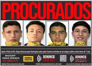 Polícia divulga imagem de 4 procurados por estupro
