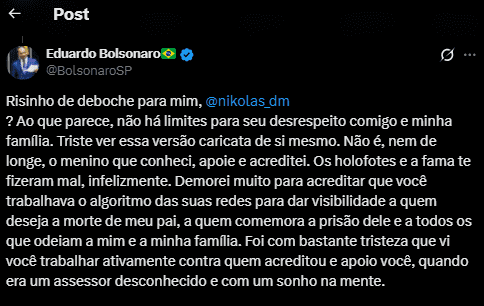Print do post de Eduardo no X